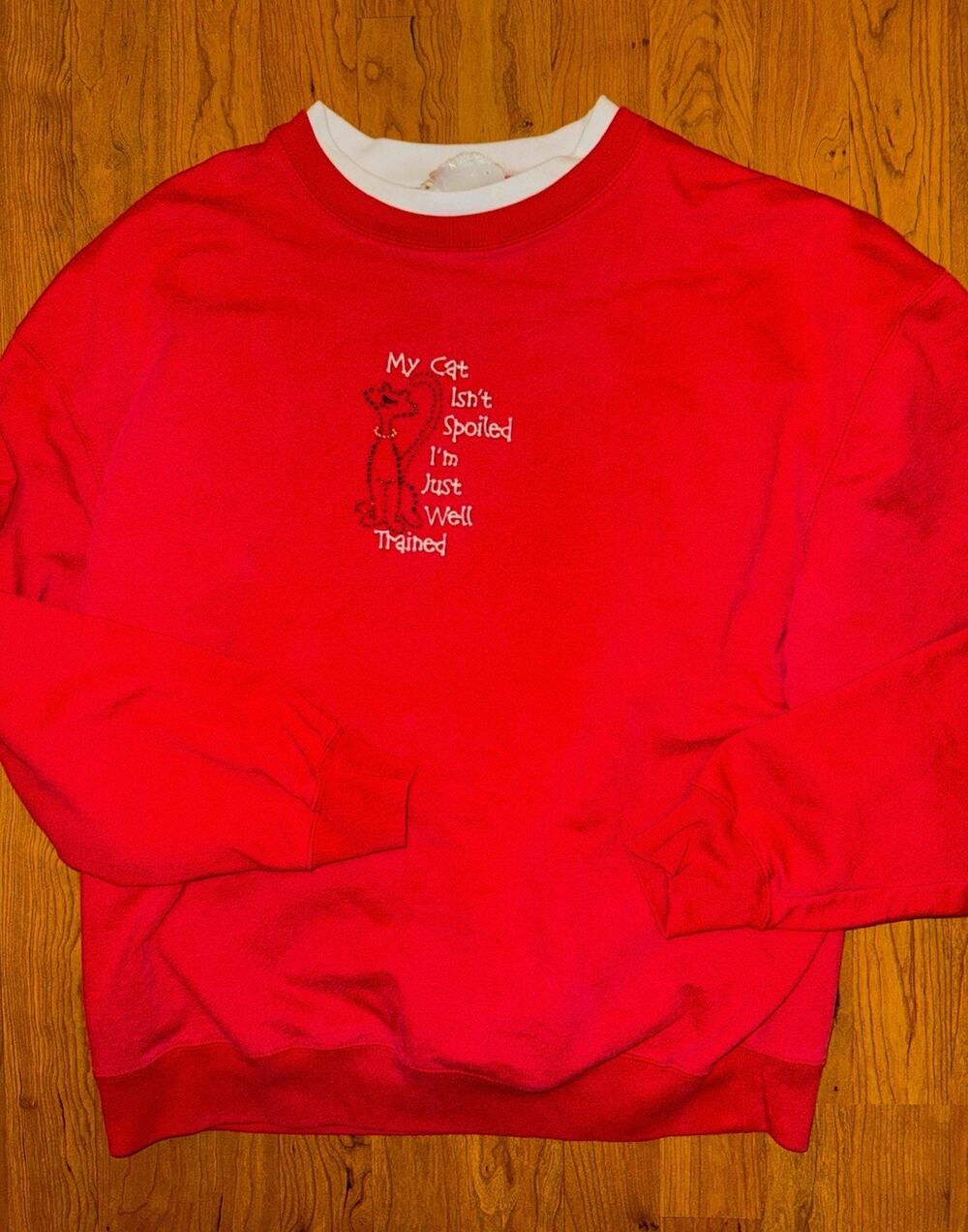 VTG 90s Red Embroidered Spoiled Cat Sweatshirt Women's XL Double Collar Grandma